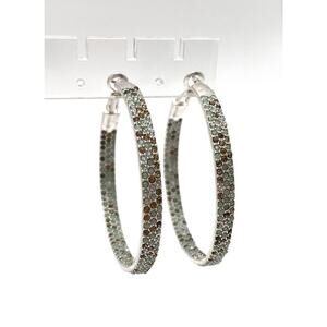 Marlyn Schiff Earrings Hoops Rhinestone Pave Sage Brown Clear Silver Tone